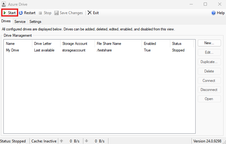 Azure Drive home page with the start button hightlighted.