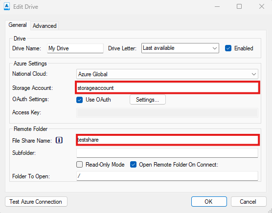 Azure Drive's edit drive page with the Azure Storage and File Share fields highlighted.
