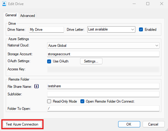 Azure Drive's edit drive page with the test connection button highlighted.