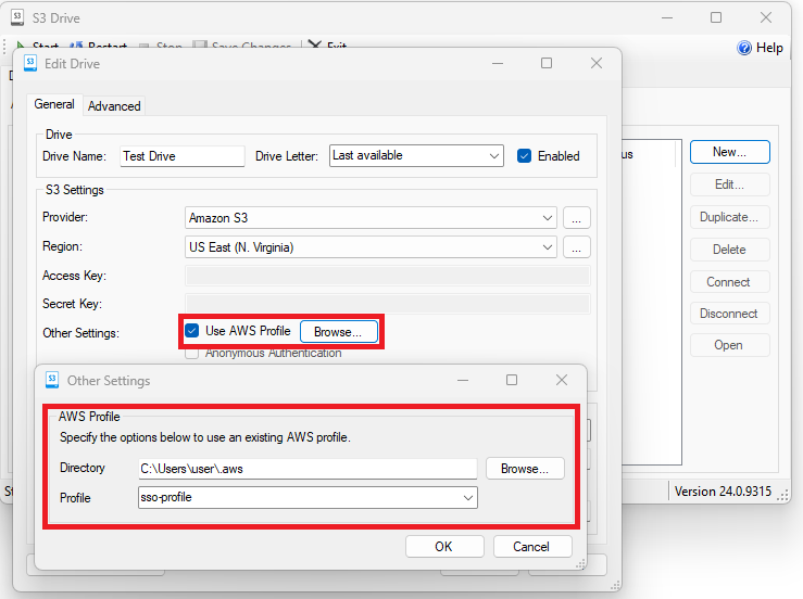 S3 Drive with "Use AWS Profile" selected and with the "Other Settings" dialog configured to select the created profile.