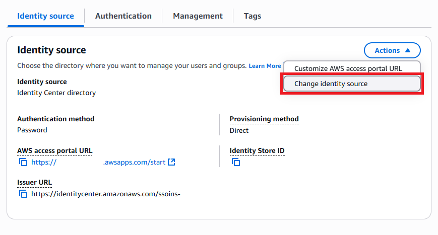 The settings page for the IAM Identity Center with the "Change identity source" action highlighted.
