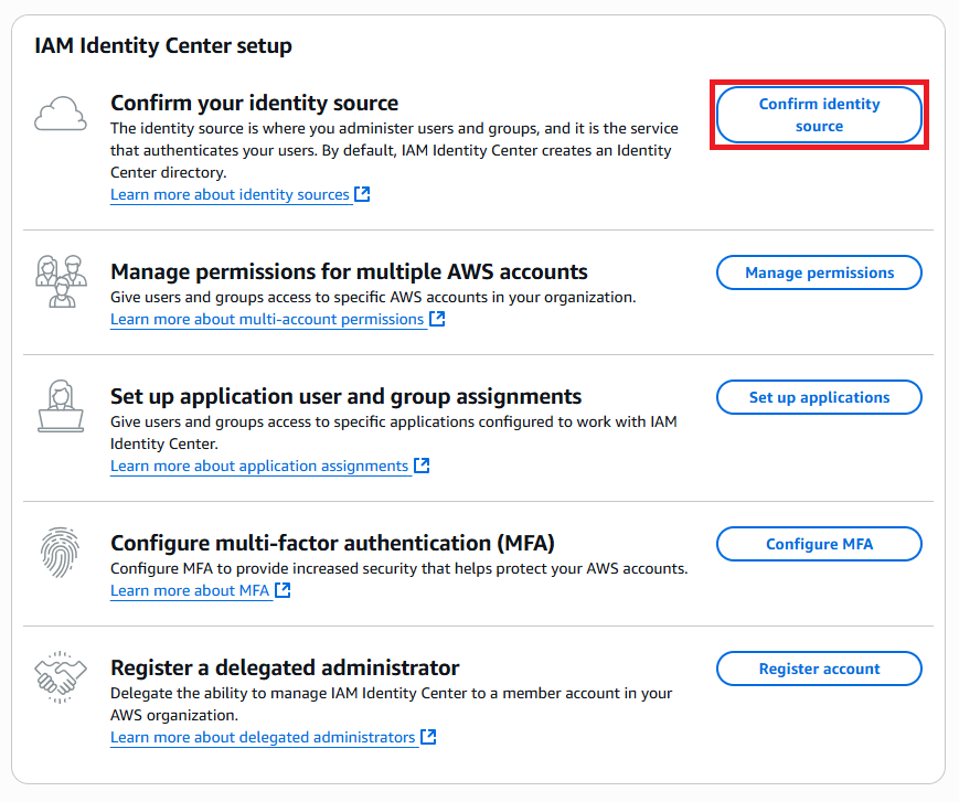 The dashboard of IAM Identity Center with the "Confirm identity source" button highlighted.