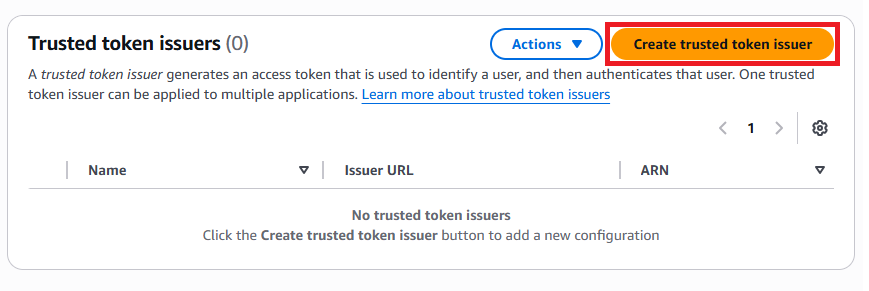 The settings page on the "Authentication" tab "Create trusted token issuer" button highlighted.