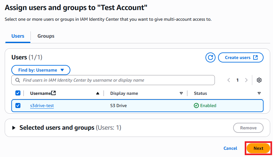 The user select menu within the "Assign users or groups" action.