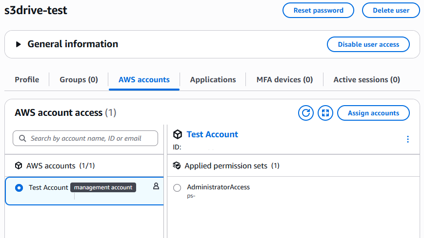 The AWS accounts tab for an assigned user within the "Users" page.