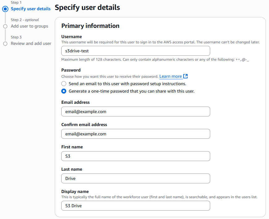 The page to specify user details with a user called S3 Drive as an example.